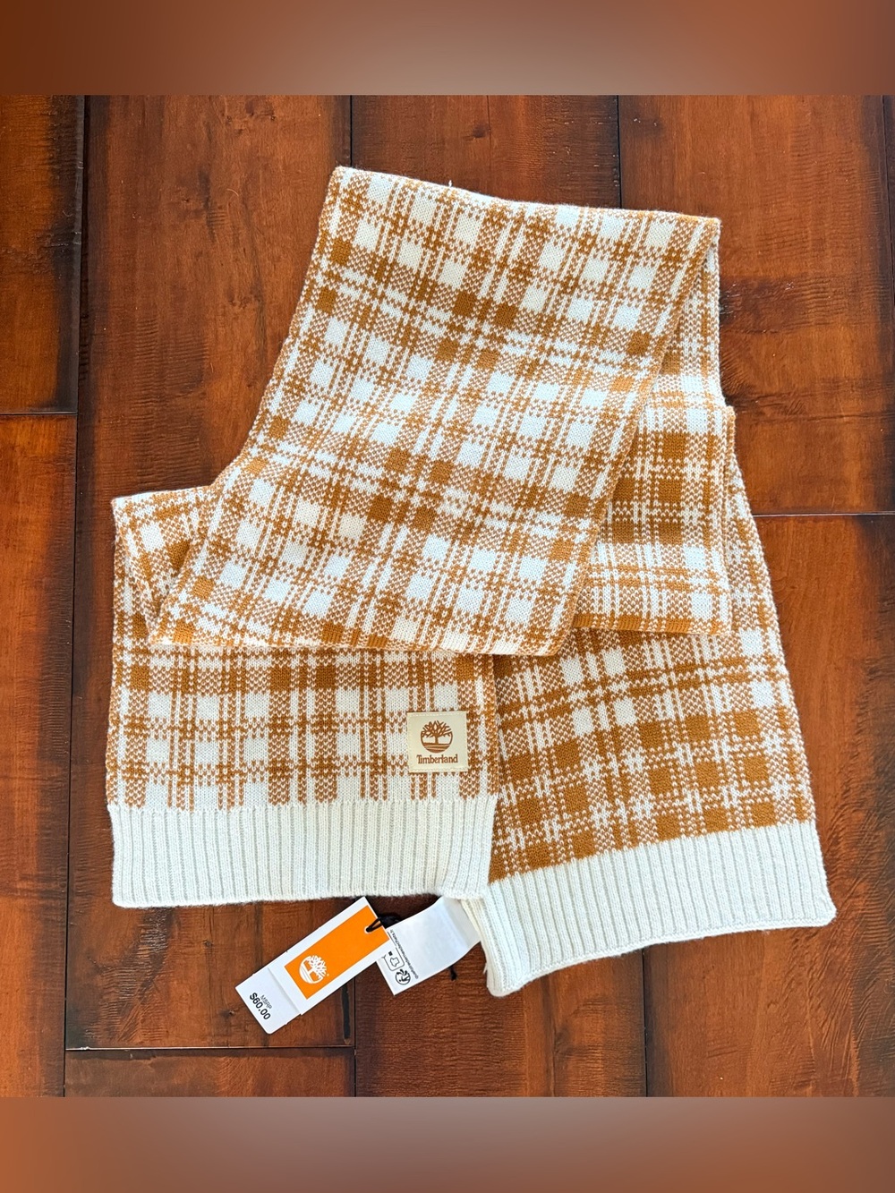 NWT Timberland Cream & Tan Plaid Knit Scarf